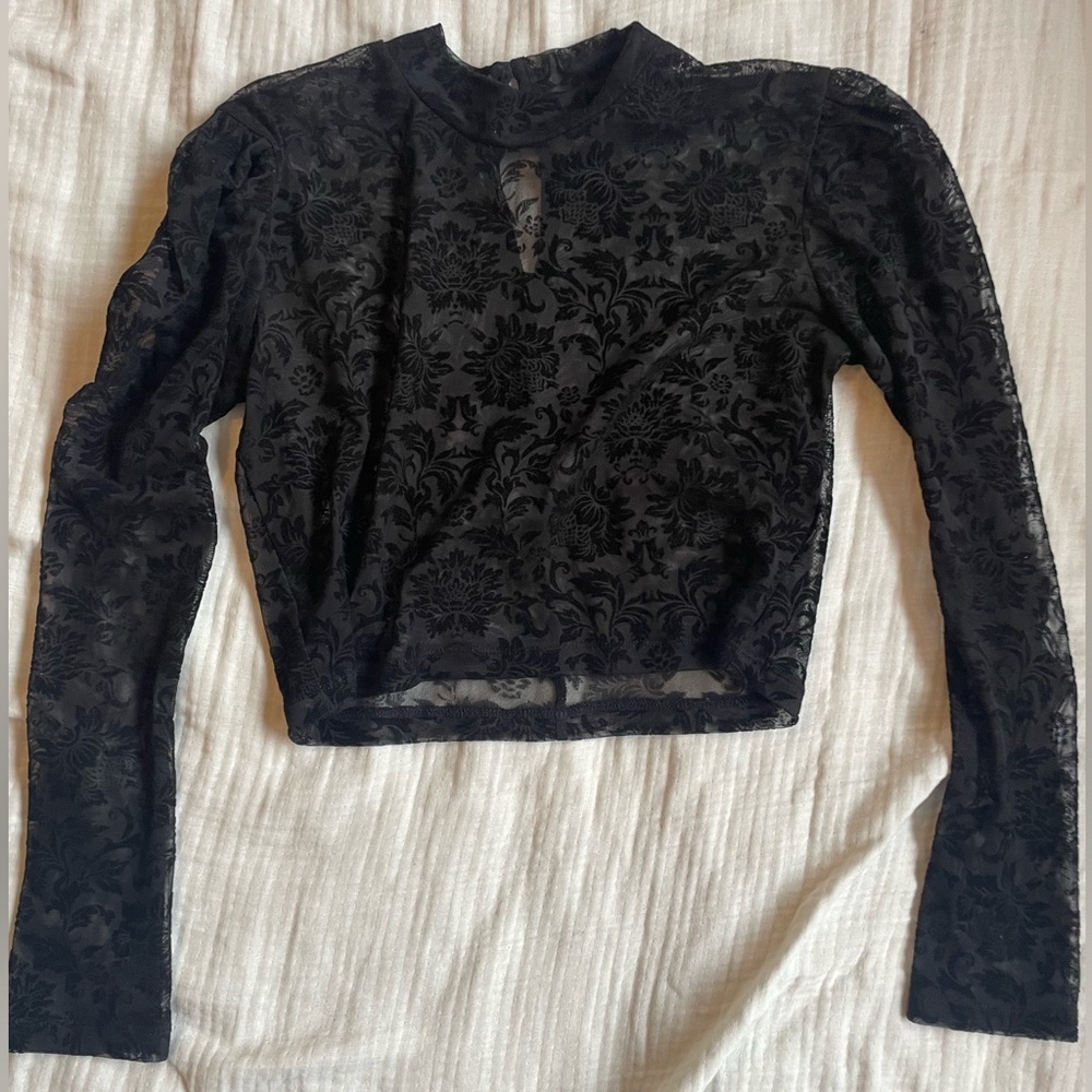 Black mock neck long sleeve floral blouse